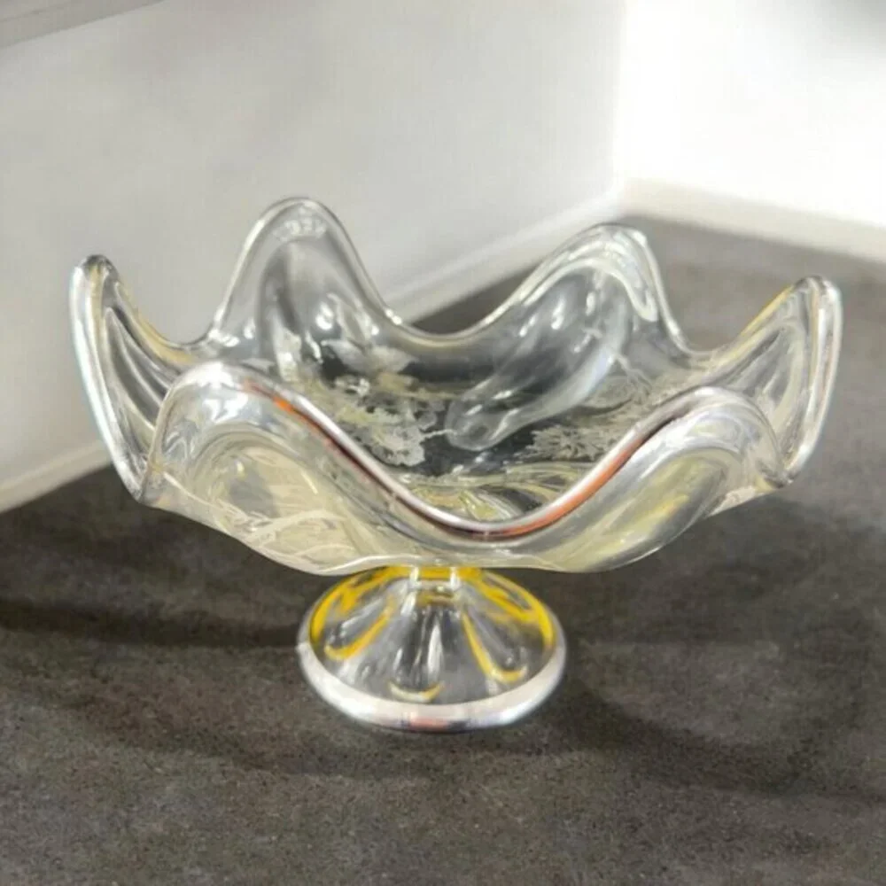 Vintage Viking Clear Footed Dish Bowl With Silver Overlay Flowers Pattern‎ VTG